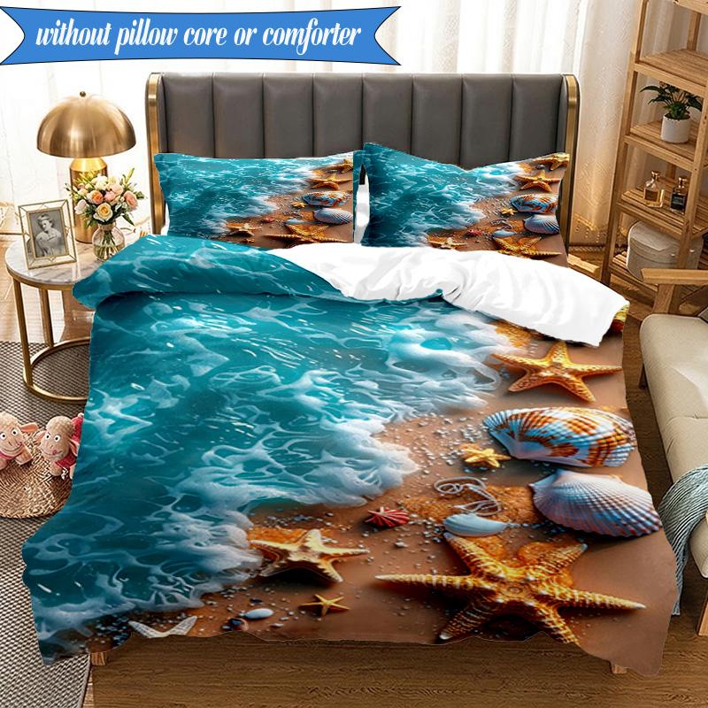 3PCS Ocean Starfish Shells Bedding Set,Including 1pc Duvet Cover And 2pcs Pillowcases Perfect for Bedroom, Dormitory, Fan Christmas gift