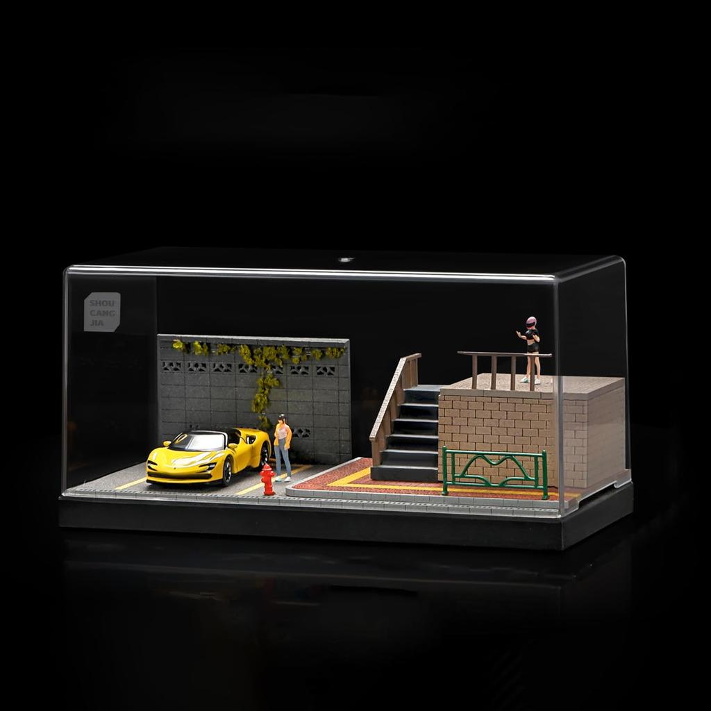 Shoucangjia Display Case for Tomica, Hot Wheels, Matchbox Cars 1:64 Scale Model Garage with Dust Cover, Street Fence Scene Diorama Parking Showcase