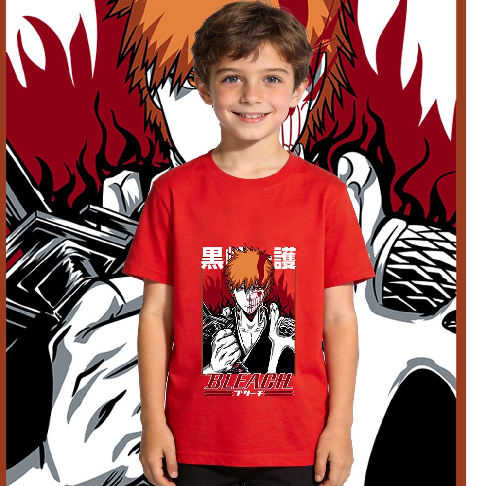 Kids Bleach Ichigo Anime Print Cotton T Shirt Boys Girls Casual Short Sleeve Summer Tee Top 100