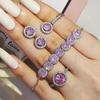 Zircon Jewelry Set: Adjustable Round Necklace, Stud Earrings, Ring & Bracelet - Pink