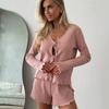 Summer Sexy Cardigan Lace-up Knitted Long-sleeved Shorts Women's Home Wear Soft Pajamas Set