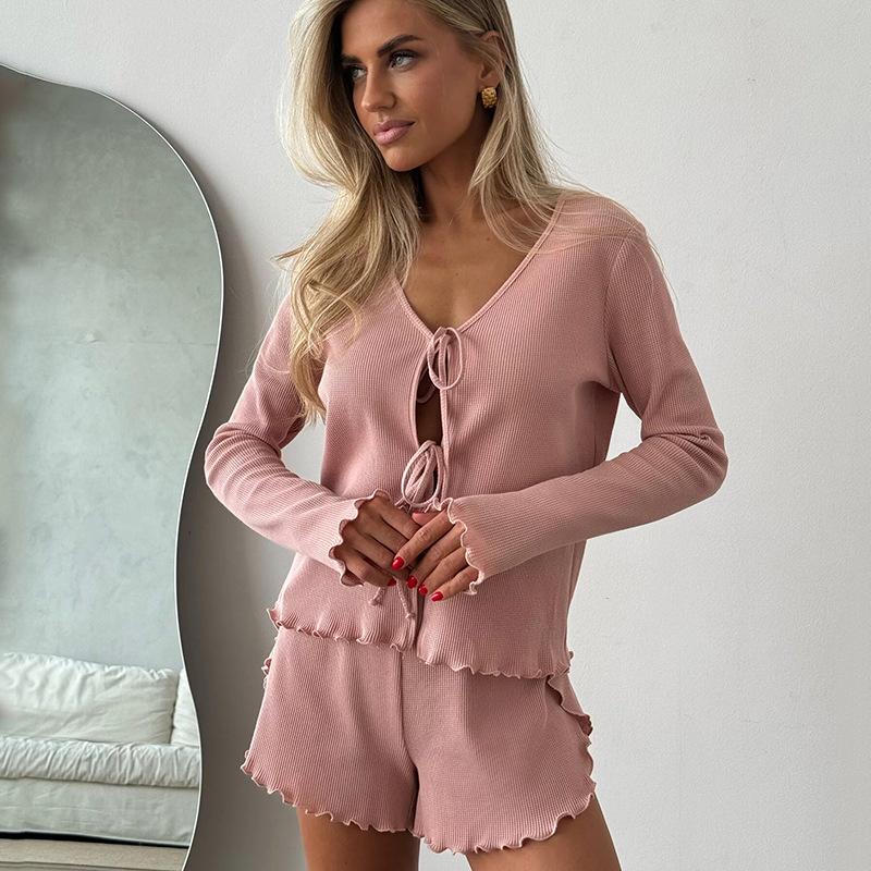 Cardigan sexy de vară, tricotat cu șireturi, pantaloni scurți cu mâneci lungi, haine de acasă pentru femei, set de pijamale moi