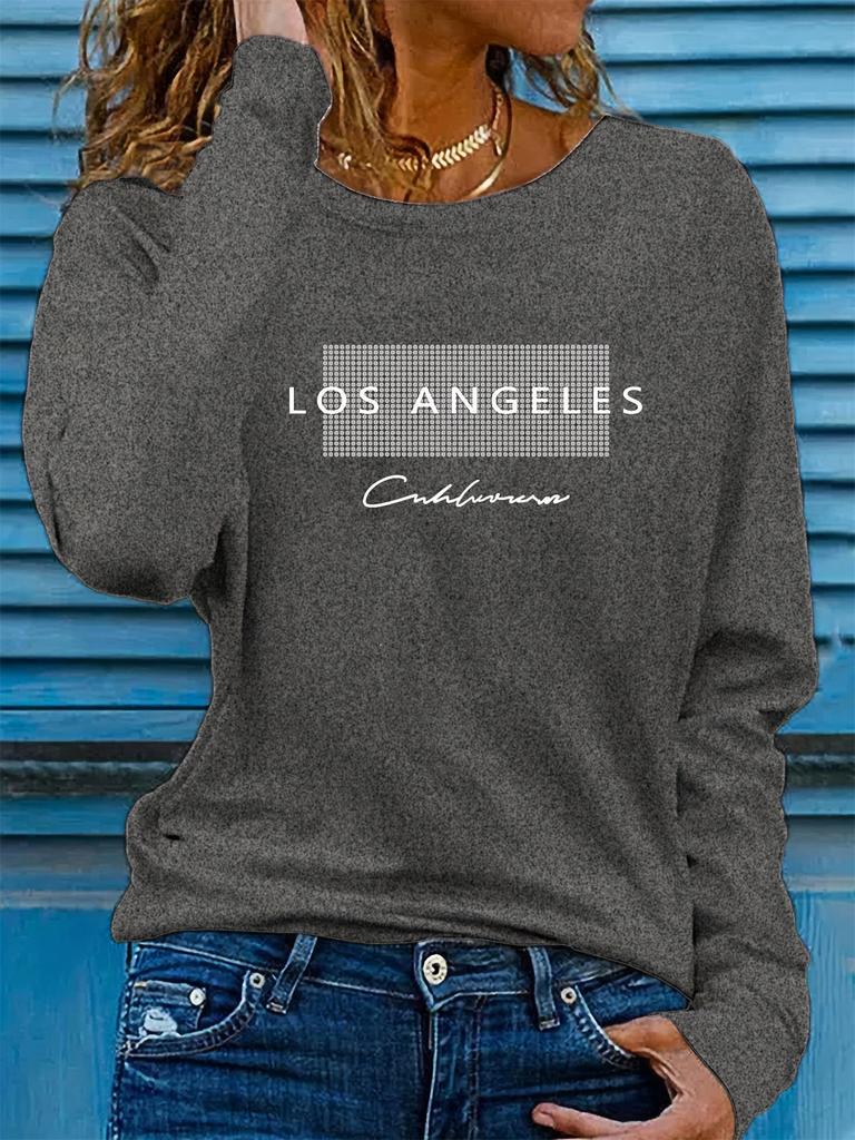 Women's Spring and Autumn 100% Polyester Casual Fashion Long Sleeve Los Angeles Letter Graphic Printed Round Neck T-shirt