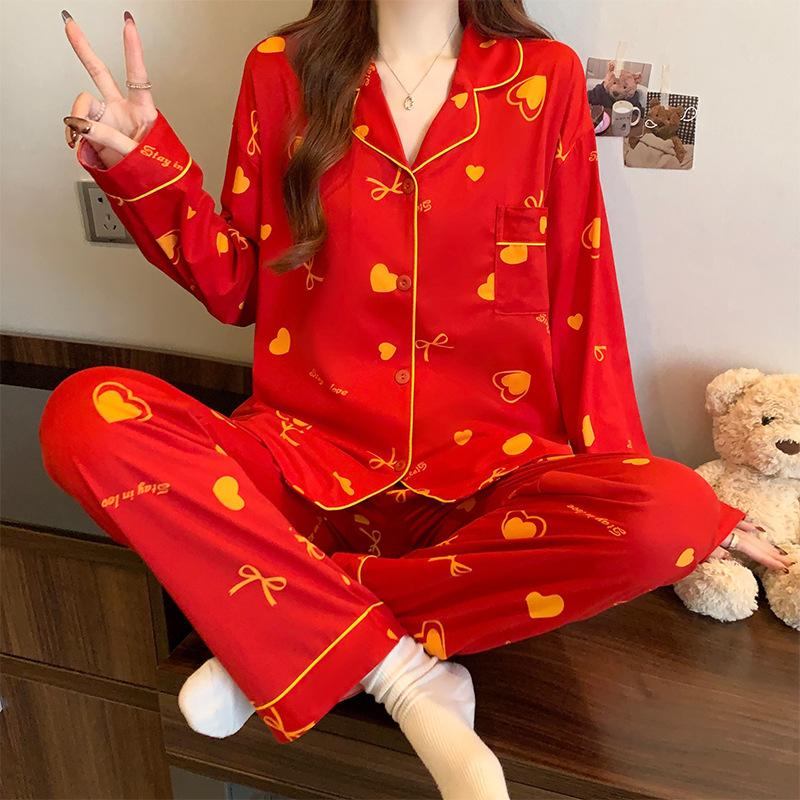 Imitation Cotton Spring Versatile Red Sweet Love Pajamas Women'S Newlyweds Birth Year Comfortable Home Long-Sleeved Set