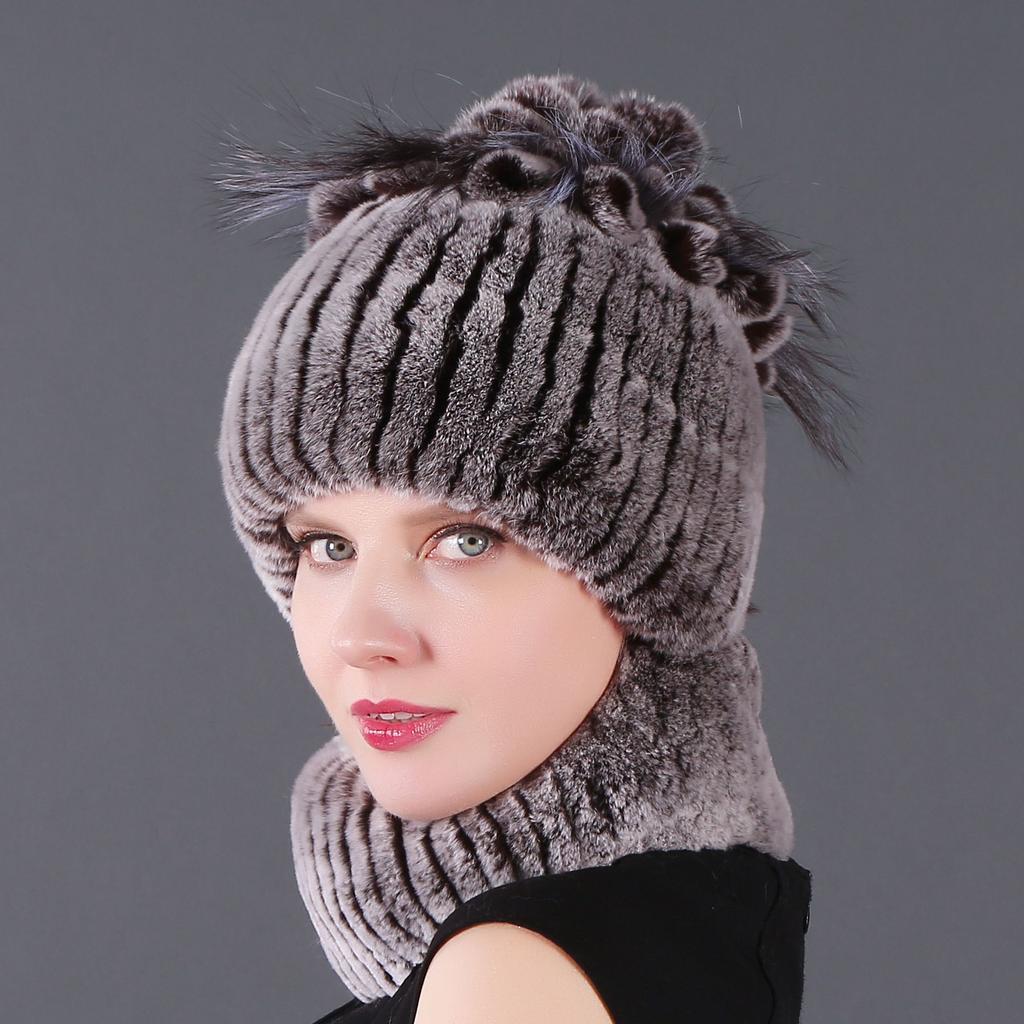 Women's New Rex Rabbit Short Dye Plus Black Fox Hair Hat Scarf Two-piece Set, Winter Warm Woven Fur Hat