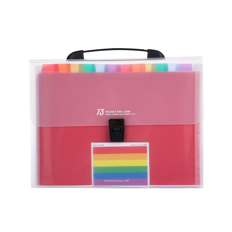 Handheld Rainbow Accordion 13-Grid Snap-Button Storage Bag for Student Papers