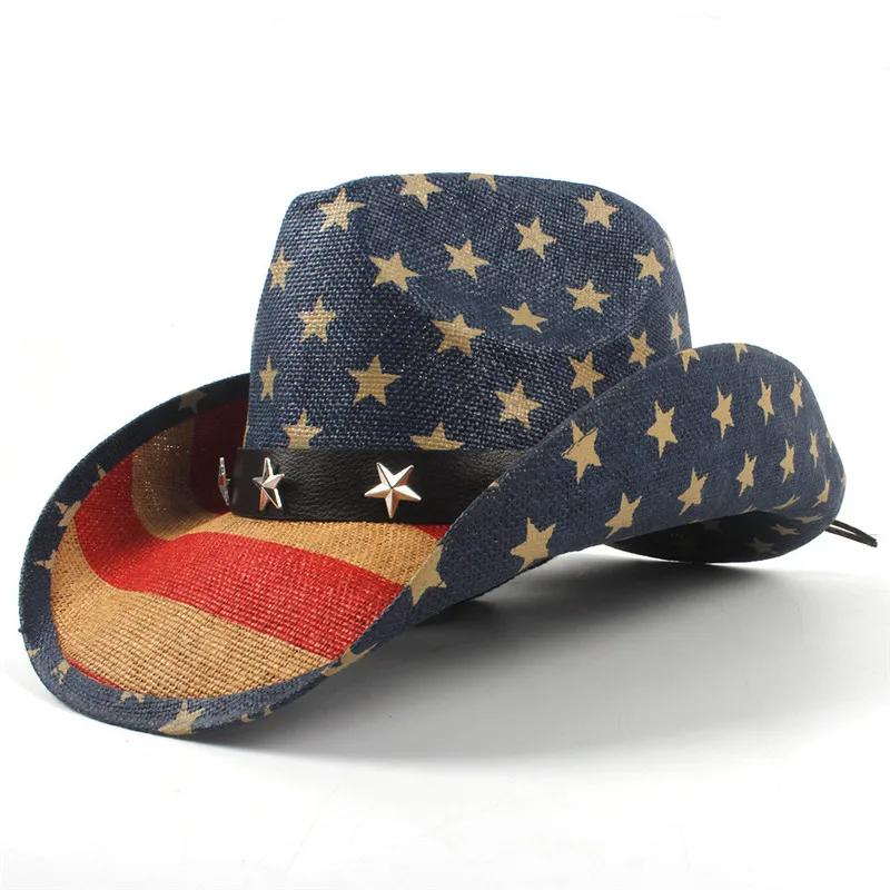 Summer Classic American Flag Cowboy Hats For Men Wide Brim Usa Cowgirl Chapeau Homme Cap Usa Flag Straw Cowboy Hat Dropshipping
