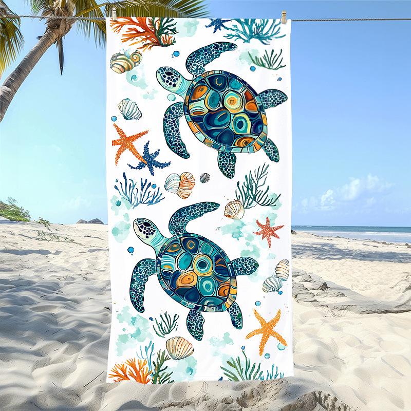 Navy Blue Seashell Beach Towel, White Starfish & Coral Print Quick-Dry Towel