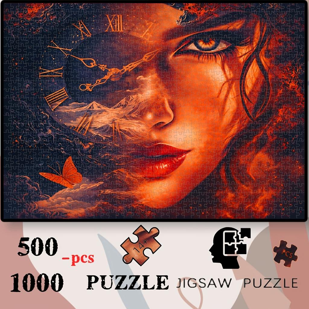 500pcs/1000pcs Jigsaw Puzzle, Woman's Profile with Intertwined Clock and Mountain Range, Butterflies Flying Among Clouds and Mist, Tight Fit with Clea