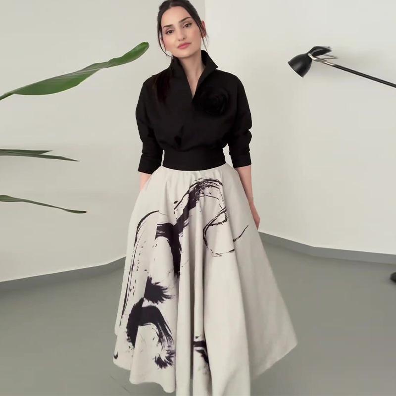 2024 European & American Lace-up Waist-Cinching Short Top & High-Waisted Printed Long Skirt Set