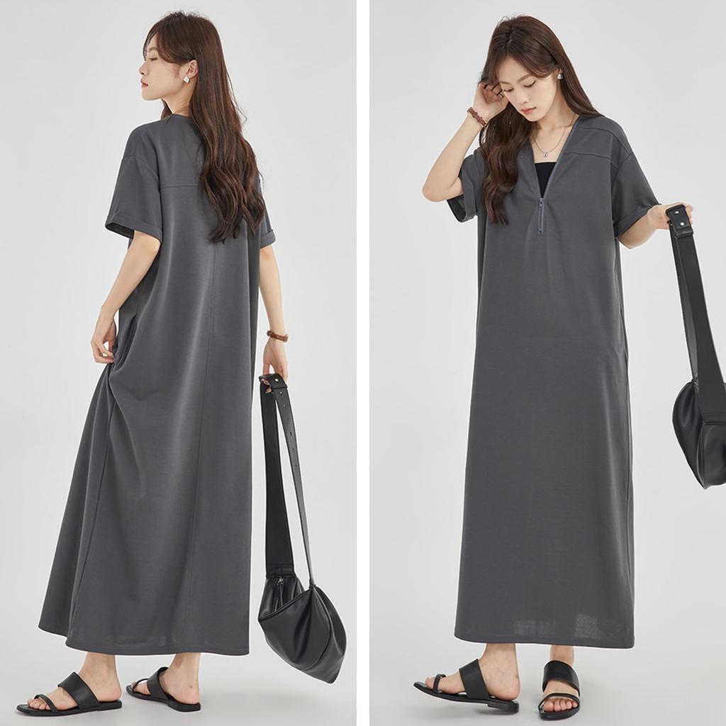 Short Plus Adult [Augseed] Women's Dress, Spring/Summer, Sleeve, Long, V-Neck, Elegant, Size, Half-Zip, A-Line, Cute, (L)