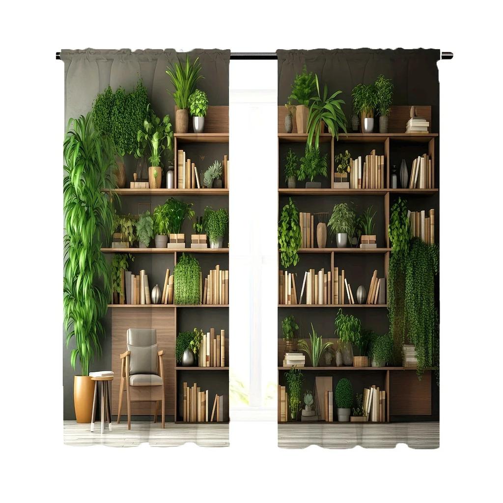 Bookshelf Potted Plants Printed Curtains Home Decoration Room Curtain Made Of Polyester Washable