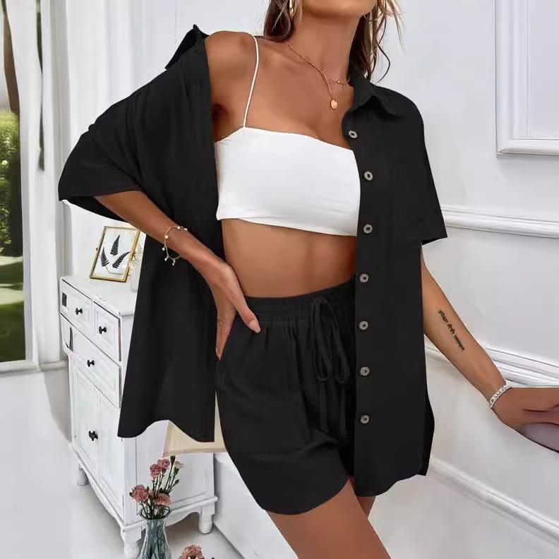 2024 Women's Casual Two-Piece Shorts Set - Solid Color Loose Short Sleeve Shirt with Single-Breasted Design