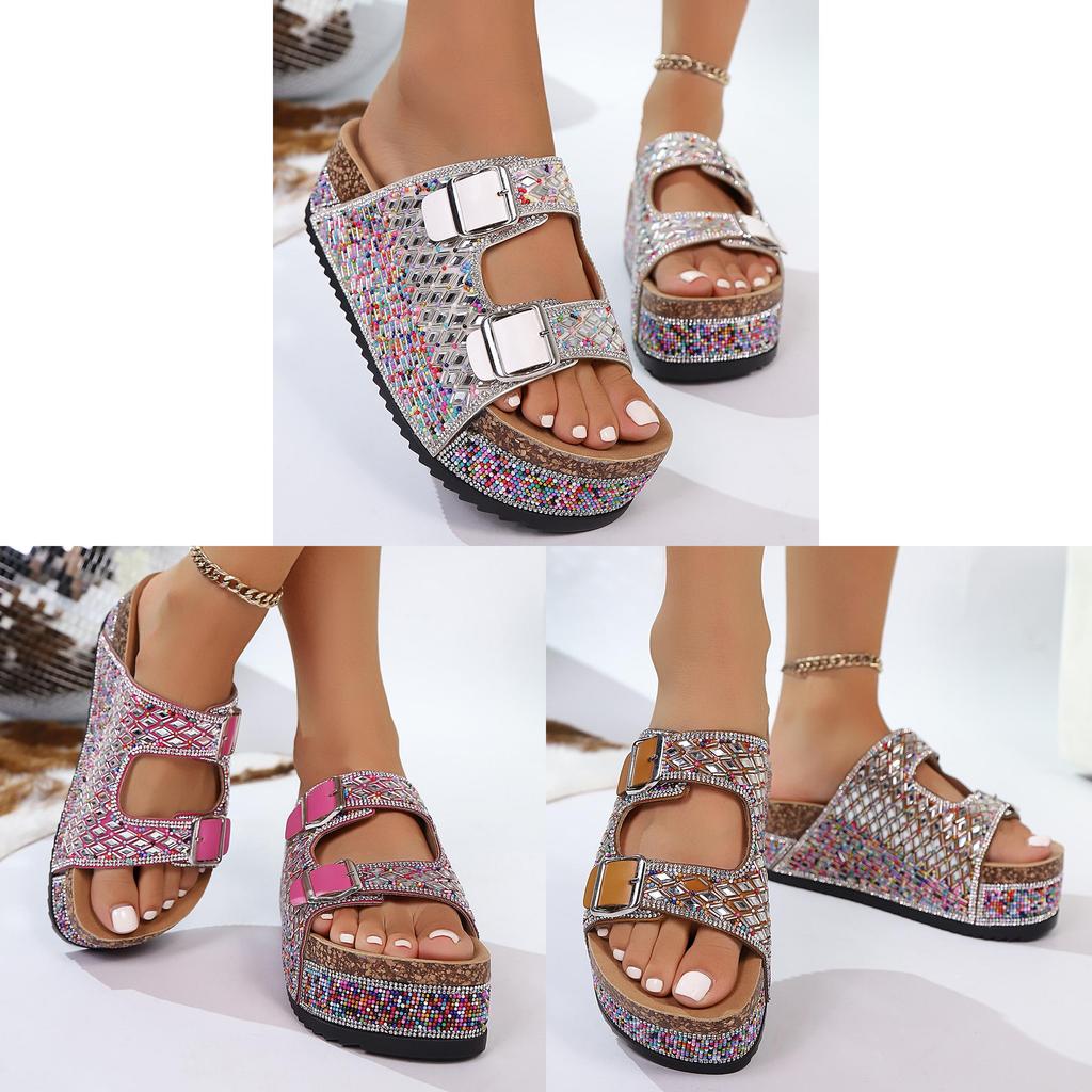 Elegant White Pu Thicksoled Sandals With Water Drilling For Summer Beach Wear