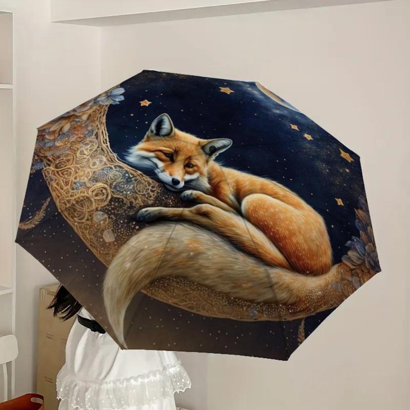 1pc Moonlit Fox Dreamscape Umbrella with Plastic Handle,Suitable for All Seasons Home Travel Outdoor UmbrellaDD467