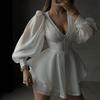 Women's Solid Color V Neck Puff Long Sleeve High Waist Ruched A Line Mini Dress