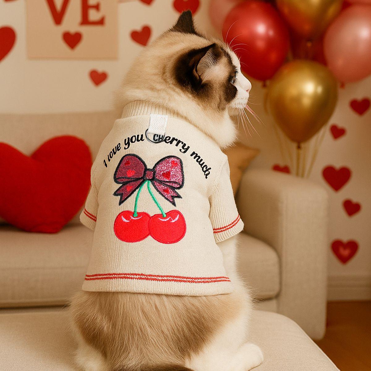 

Pet clothes autumn and winter new small dog puppies happy dog cat warm and comfortable love you cherry base shirt xl-bust size 54, length 40cm, about 7-9kg