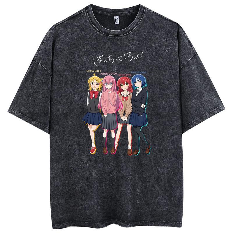 Women's Oversized Printed T-Shirt Bocchi Club Music Band Anime Bocchi Rock Cotton Top T-Shirt Washed Retro T-Shirt