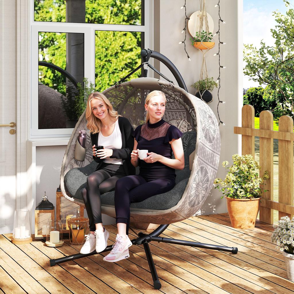 Hanging Chair with Stand, Egg-Shaped Hanging Swing with Removable Washable Cushion, Hammock for 2 People, Swing Chair Indoor Outdoor, Sand+Black