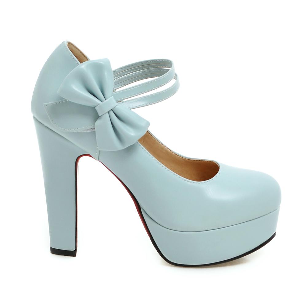 Fashion Spring High Heels Women Platform Pumps Ankle Strap Shallow Mouth Single Shoes Bow Ladies High Heels White Wedding Women Shoes