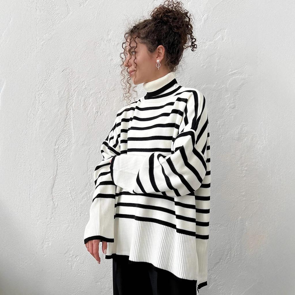 High Neck Striped Jumper for Women Autumn Winter High Neck Pullover Knitwear Versatile Loose Fit Jumper Luxurious Relaxed-fit Slimming Versatile Top