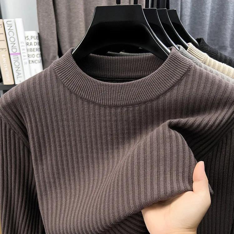 

2025 Autumn Men Casual Bottoming Knit Tops Mens Solid Color Textured Long Sleeve Vintage Sweater Mens Fashion Pullover L