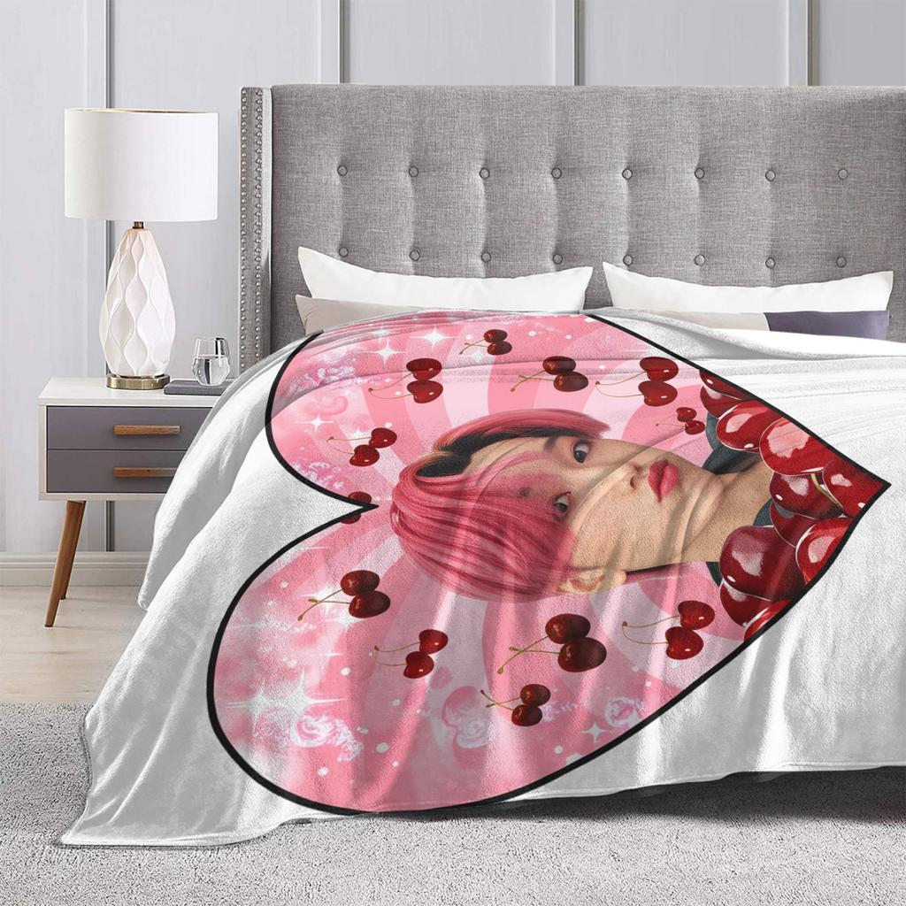 Choi San ATEEZ Cherry Blanket  Picnic Flannel Bedding Throws For Couch Chair Warm Soft Design Quality Bedspread Birthday Gift