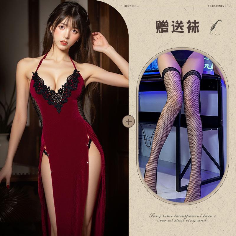 Human Cinnabar Mole Deep V Velvet Erotic Underwear Sexy Pure Desire High Split Cheongsam