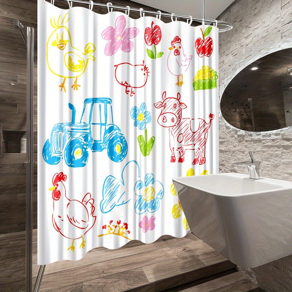 1Pc Farm Animals And Cute Flowers Shower Curtain, Decorative Bath Curtain, Polyester Fabric, Fun Bathroom Decor With 12 Hooks,