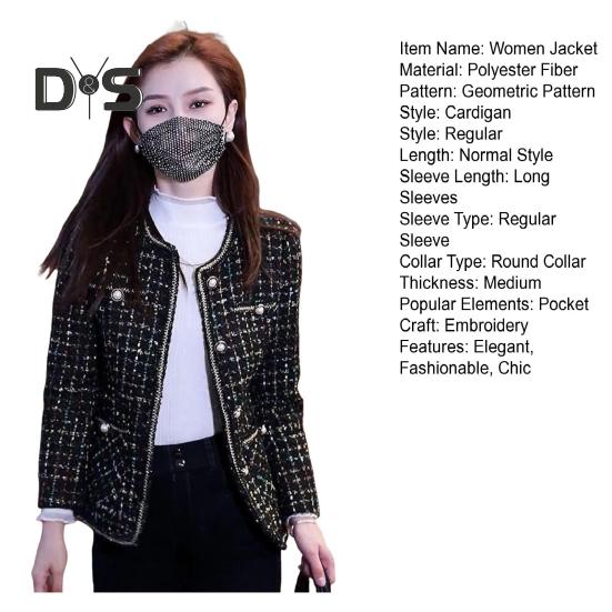 Damska kurtka tweedowa z długim rękawem, zapinana na guziki, krótka marynarka z kieszeniami, płaszcz dwurzędowy w kratę na jesień/zimę