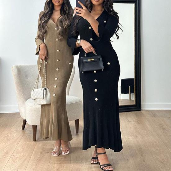 Spring Fall Women Dress Button Decor V Neck Knitted Long Sleeves Slim Fit Patchwork Fishtail Hem Solid Color Stretchy Maxi Dress