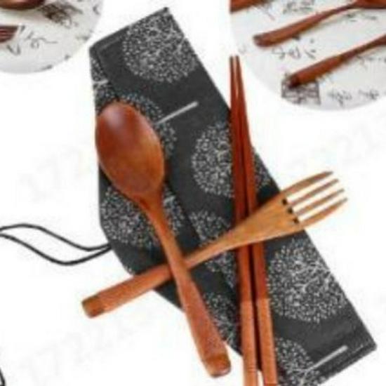 Japanese Style Portable Cutlery Set: Wooden Chopsticks, Fork, Spoon with Binding Wire and Cloth Bag for Outdoor Travel