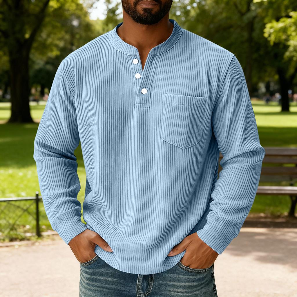 Men's Solid Color Corduroy Three-button Collar Men's Long-sleeved Shirt