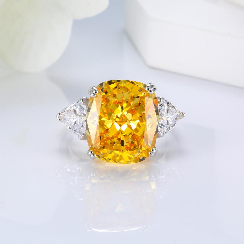S925 Silver Radiant Cut 12 Carat Yellow High Carbon Diamond Cushion Ring with Simple Elegance