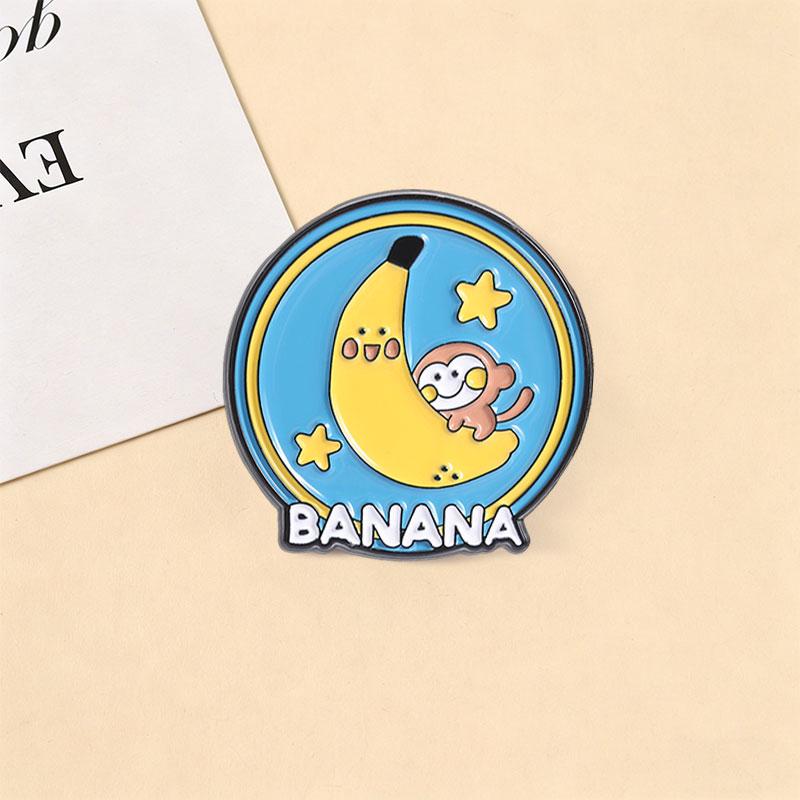 Cute Banana Moon Star Enamel Pin Lazy Monkey Lying On Banana Cartoon Animal Brooches Lapel Badges Jewelry Gift For Kids Friends