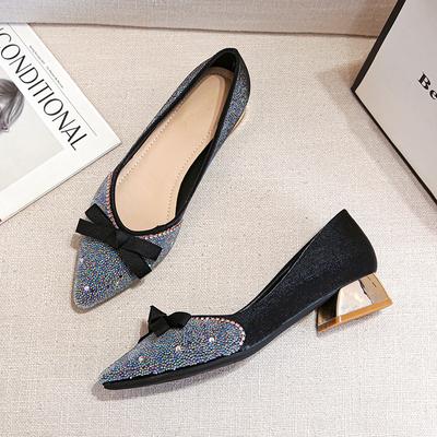 French Pointed Single Shoes Women's Summer New Shallow Rhinestone Thick Heel Medium Heel Temperament Large Size 40-43