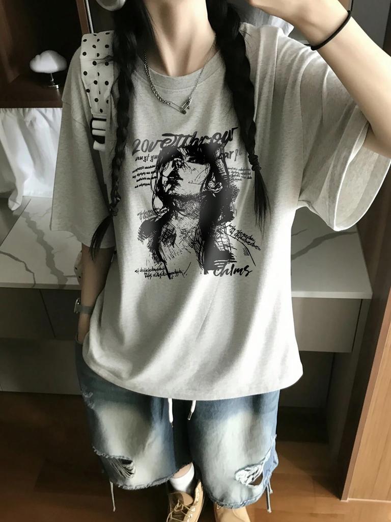 Y2k Stil Koreanisches Lockeres Bedrucktes T-Shirt Niedlicher Cartoon-Druck Drop Shoulder T-Shirt Niedlicher Cartoon-Druck Drop Shoulder
