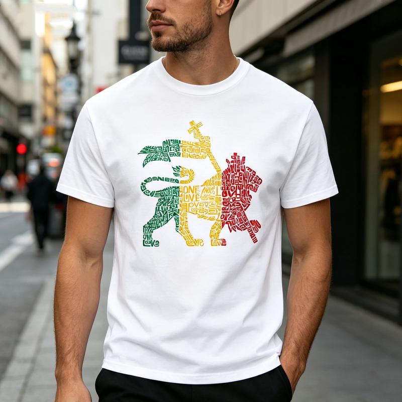 Reggae Rasta Löwe Wortkunst T-Shirt für Unisex Unisex Vintage Rockband T-Shirt Lässiges Kurzarm Oberteil