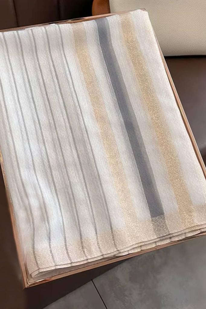 Cream Striped Scarf - Mulberry Silk and Wool, 180x90