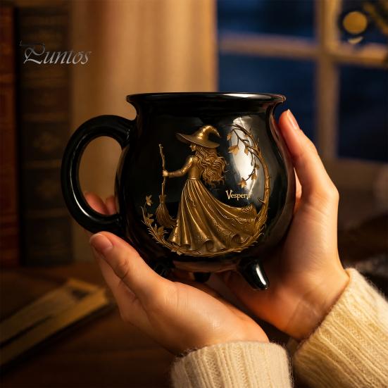 Kaffee Milch Heiße Schokolade Tasse Halloween Hexe Kessel Tasse, 350ml Vintage Gotisch Dreibeiniger Zaubertopf, Tasse für Schwarze Katze Keramik Haus Und Büro Dekoration Drei