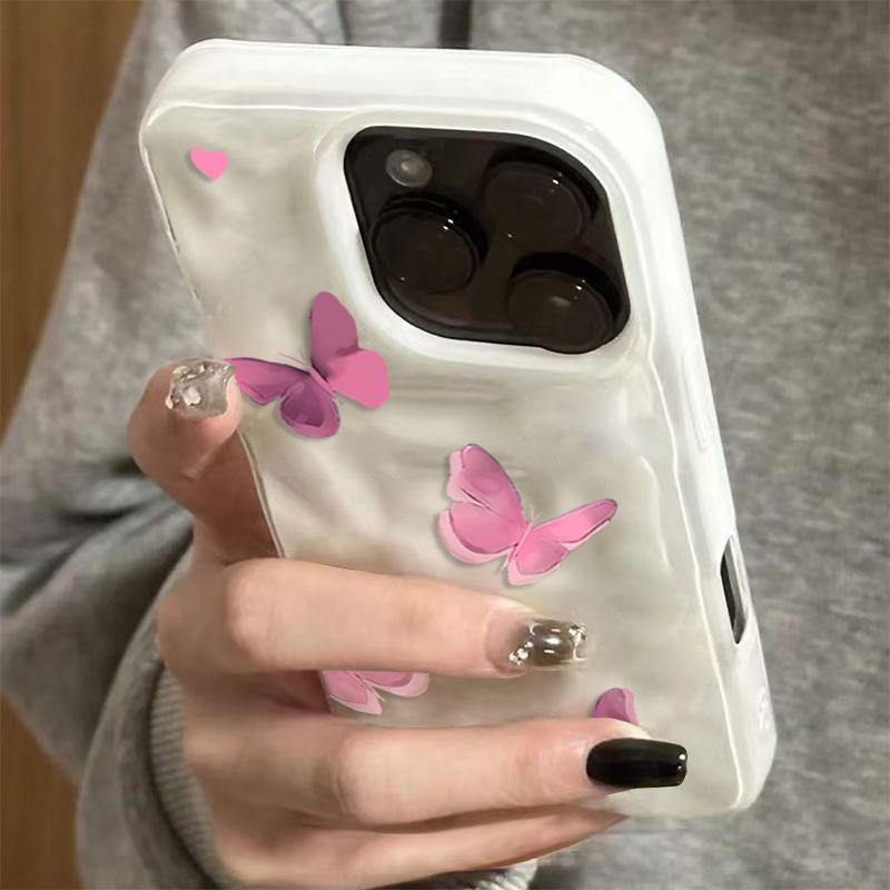 Advanced Pink Butterfly Phone Case for iPhone 17 16 15 14 13 11 12 Pro Max Plus 17 Air Folds Texture Shockproof Soft Cover