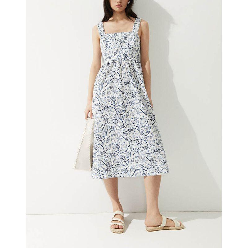 Summer New Product Women's Clothes Cotton Pleated Floral Square Collar Flared Mid-Length Sling Dress 1287798