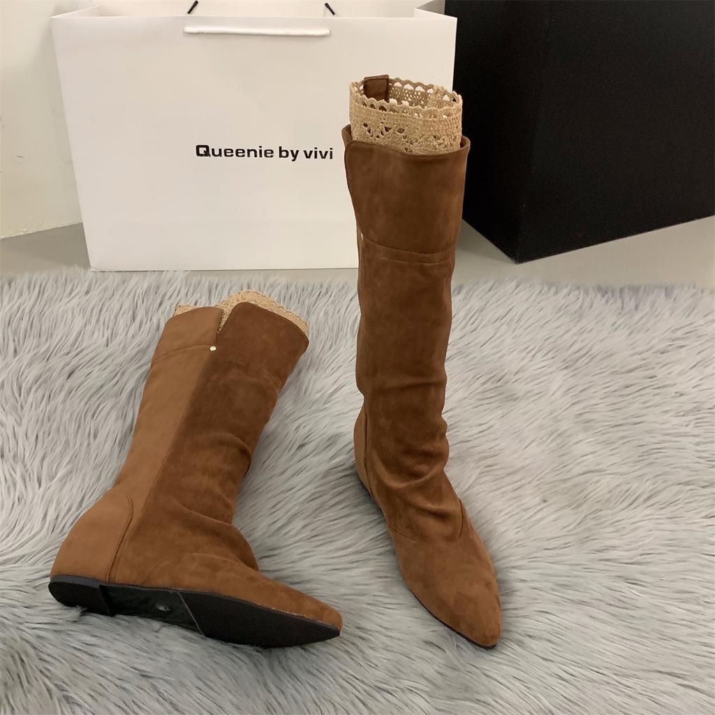 Inner Heightening Pointed Lace Pile Boots Boots Women's Boots 2025 Fall/Winter Suede Brown Maillard Boots