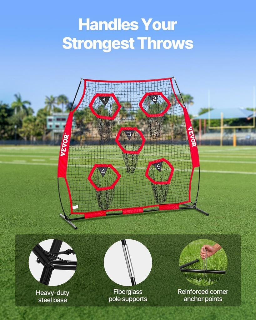 1828.8x1828.8mm Football Trainer Throwing Net, Training Throwing Target Practice Net with 5 Target Pockets, Knotless Net Includes Straps and Portable
