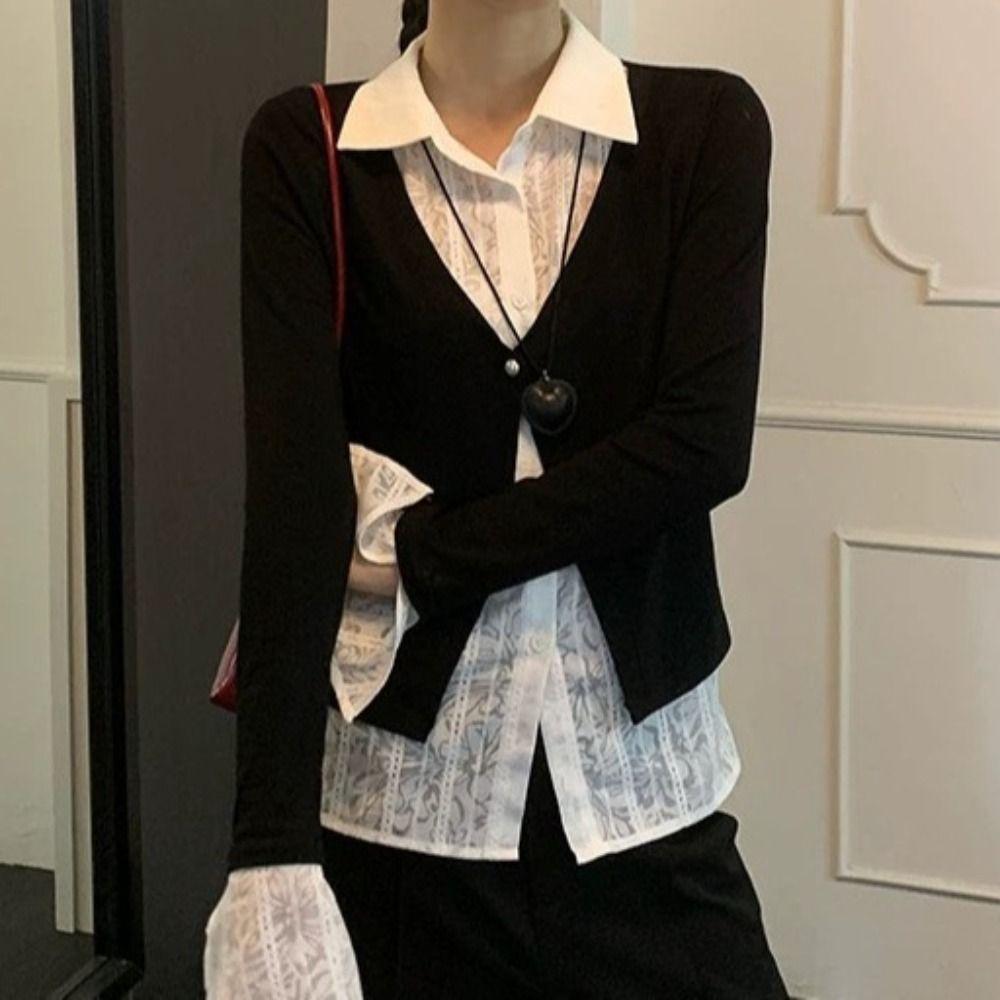 Flip Collar False Two-piece Top Slim Fit Lace Long Sleeved Knitwear Ins Lace Shirts Knitwear  Party