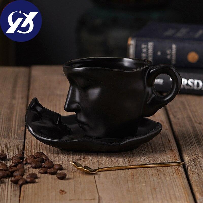 Ceramic Coffee Cup And Saucer Set Creative Abstract Art Design Matte Macaron Colors Afternoon Tea Coffee Mug Kitchen Drinkware
