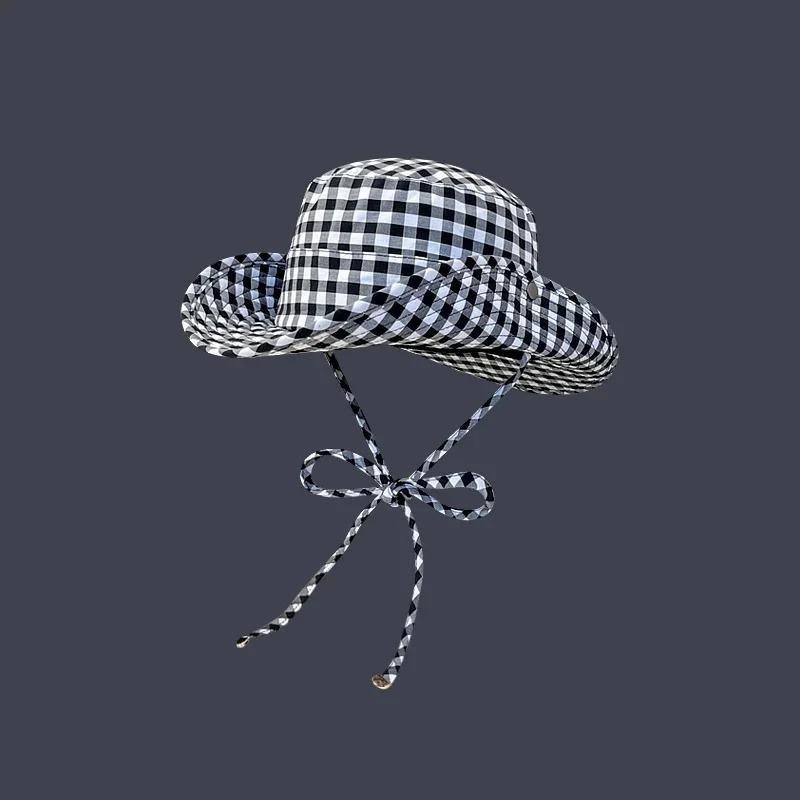 Vintage Plaids Bucket Hats Women Versatile Sweet Lace-up Fisherman's Hat Summer Big Brim Sun Protection UV Protection Sun Hat