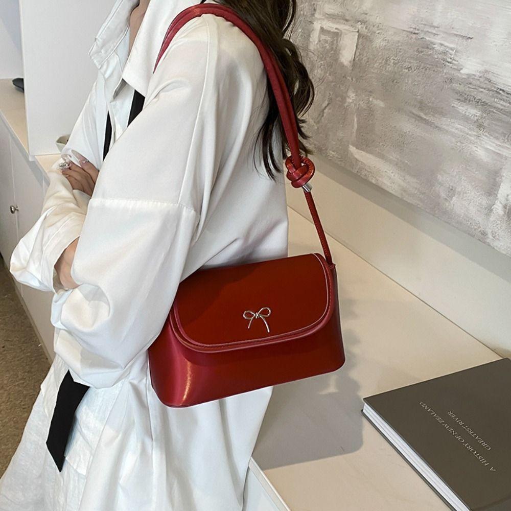 PU Leather Bowknot Underarm Bag Solid Color Y2K Crossbody Bag Fashion Bow Armpit Handbag Women
