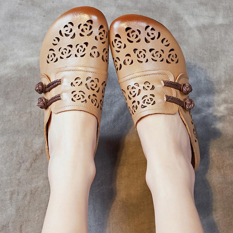 Cool slippers summer wear new bag head sandals first layer cowhide thick heel soft sole sandals women's retro hole shoes