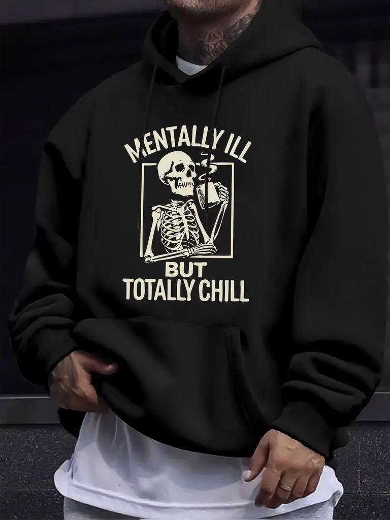 American Western Style unisex Autumn Winter Print Hooded Long Sleeve Sweatshirt, Skull Fun Foreign Language Print Hoodie, Dark Niche Individual Casual